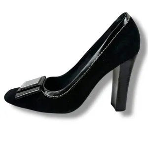 Karen Millen Size 37 Open Toe Stacked Heels Black Suede Chunky Buckle Accent