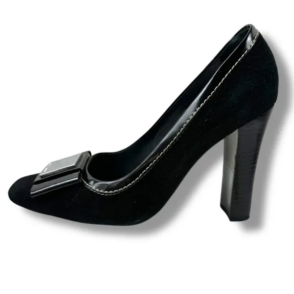 Karen Millen Size 37 Open Toe Stacked Heels Black Suede Chunky Buckle Accent