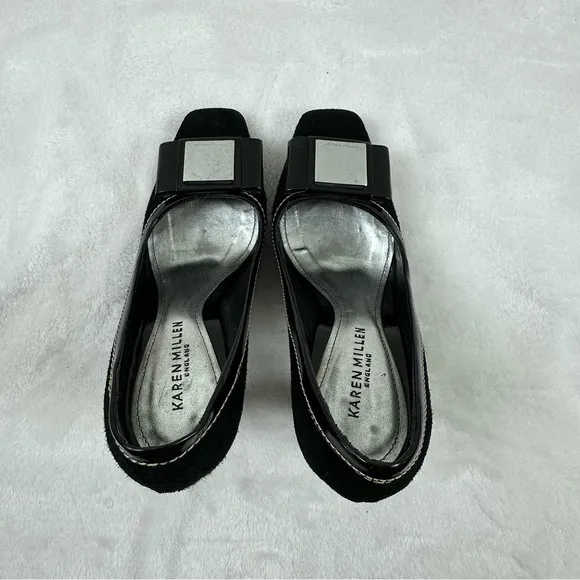 Karen Millen Size 37 Open Toe Stacked Heels Black Suede Chunky Buckle Accent