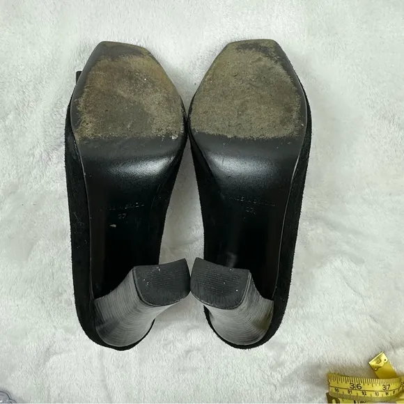 Karen Millen Size 37 Open Toe Stacked Heels Black Suede Chunky Buckle Accent