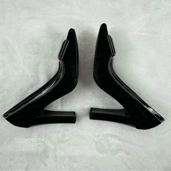 Karen Millen Size 37 Open Toe Stacked Heels Black Suede Chunky Buckle Accent