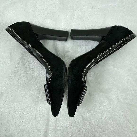 Karen Millen Size 37 Open Toe Stacked Heels Black Suede Chunky Buckle Accent