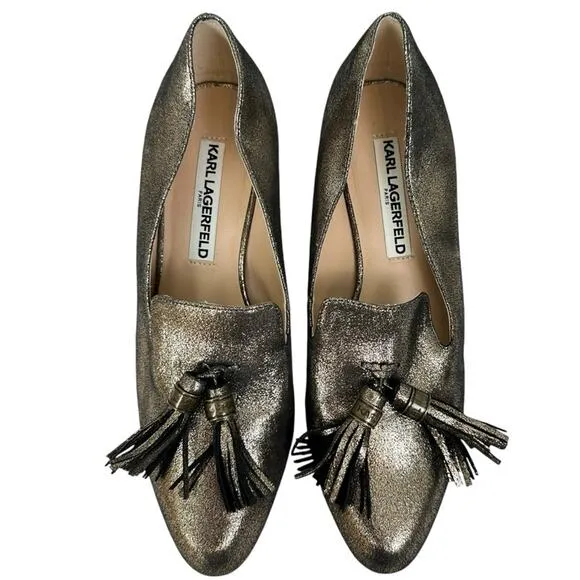 Karl Lagerfeld Mae Tassel Chunky Block Heels Metallic Gold Leather Size 7.5