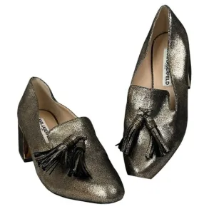Karl Lagerfeld Mae Tassel Chunky Block Heels Metallic Gold Leather Size 7.5