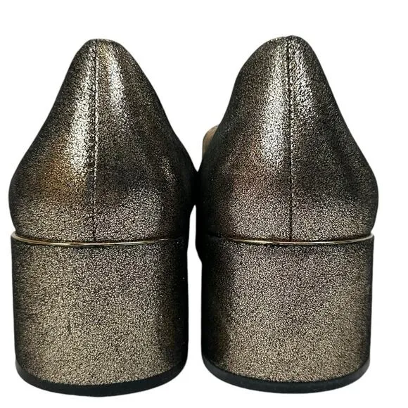 Karl Lagerfeld Mae Tassel Chunky Block Heels Metallic Gold Leather Size 7.5
