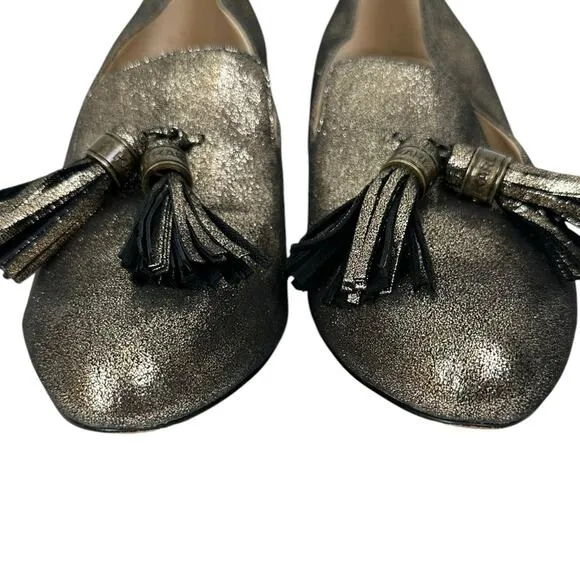 Karl Lagerfeld Mae Tassel Chunky Block Heels Metallic Gold Leather Size 7.5