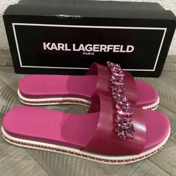 KARL LAGERFELD PARIS Women's Bijou Embellished Slide Sandals, size 7.5