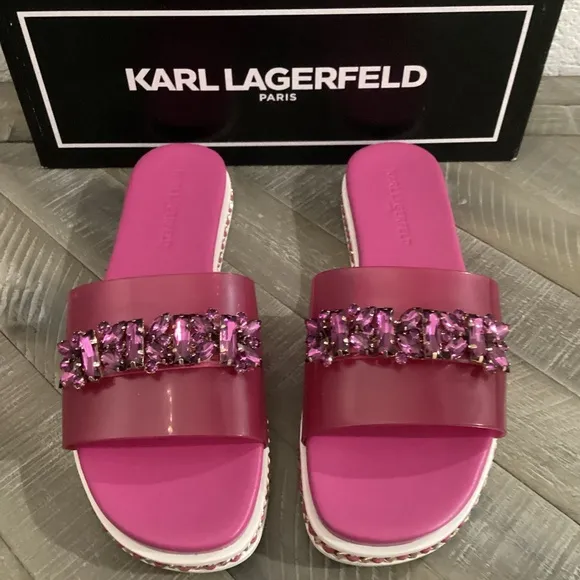 KARL LAGERFELD PARIS Women's Bijou Embellished Slide Sandals, size 7.5