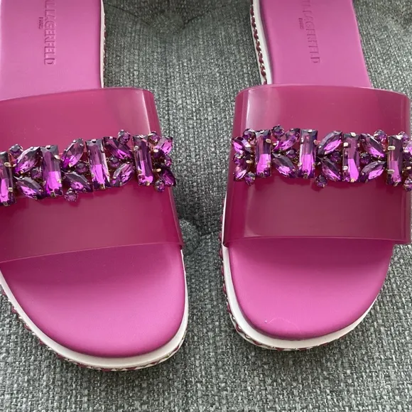 KARL LAGERFELD PARIS Women's Bijou Embellished Slide Sandals, size 7