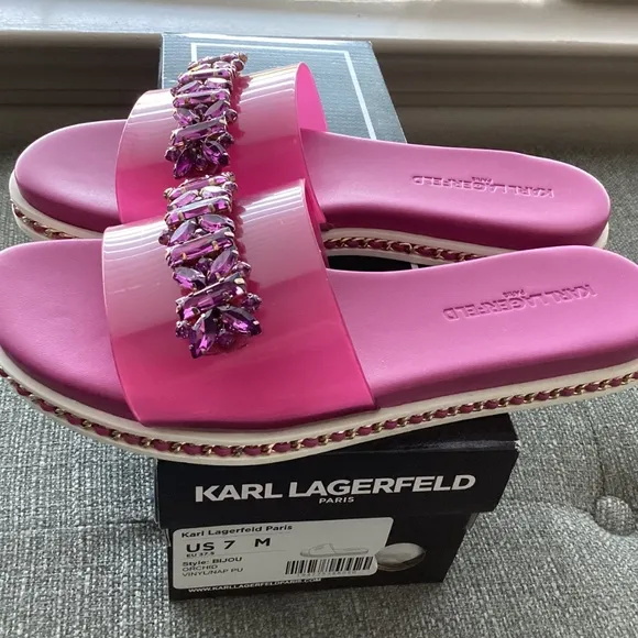 KARL LAGERFELD PARIS Women's Bijou Embellished Slide Sandals, size 7