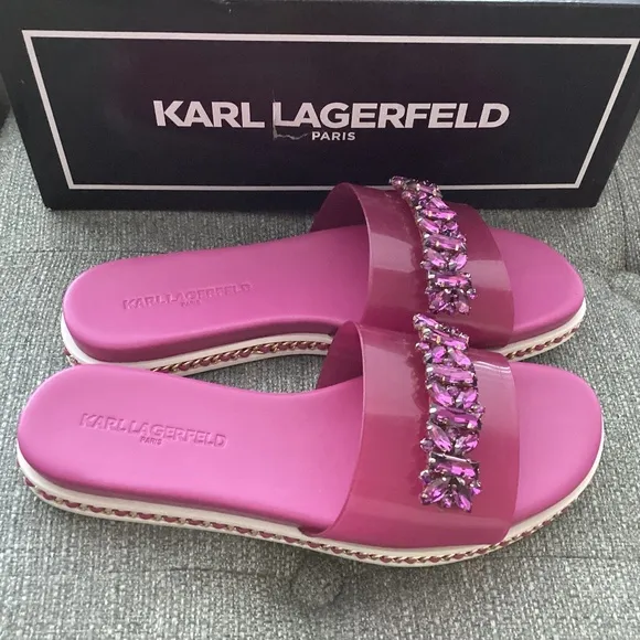 KARL LAGERFELD PARIS Women's Bijou Embellished Slide Sandals, size 7