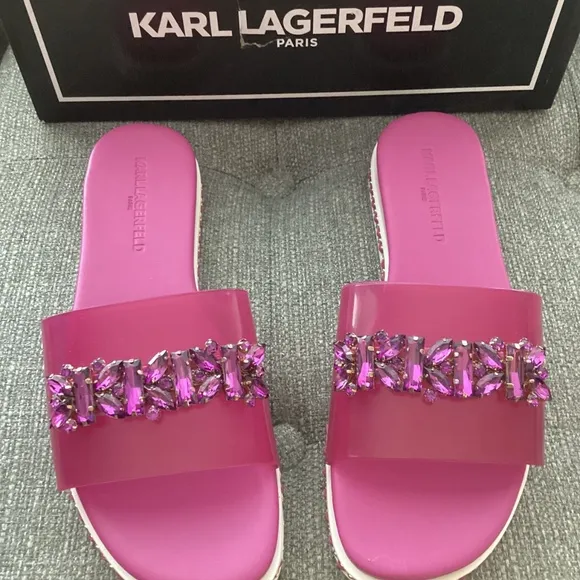 KARL LAGERFELD PARIS Women's Bijou Embellished Slide Sandals, size 7