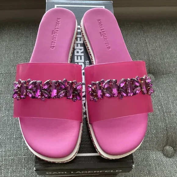 KARL LAGERFELD PARIS Women's Bijou Embellished Slide Sandals, size 7