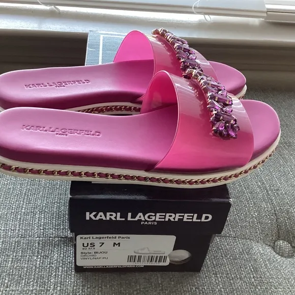KARL LAGERFELD PARIS Women's Bijou Embellished Slide Sandals, size 7