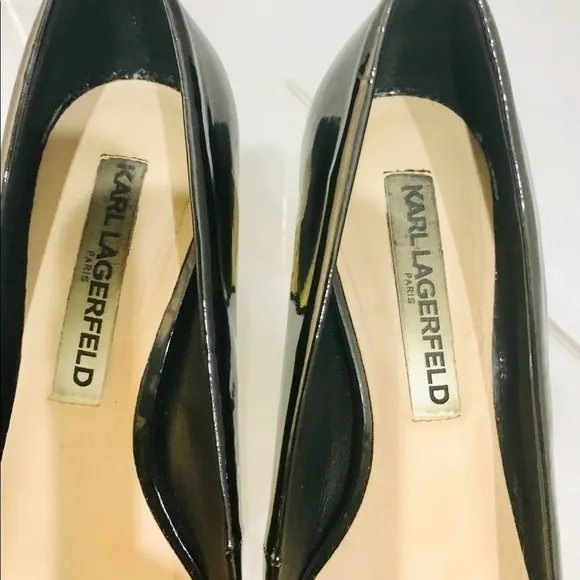 Karl Lagerfeld peep toe black patent gold heels