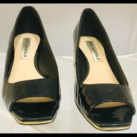 Karl Lagerfeld peep toe black patent gold heels