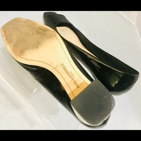 Karl Lagerfeld peep toe black patent gold heels