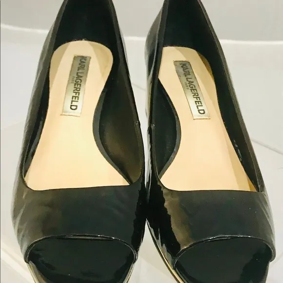 Karl Lagerfeld peep toe black patent gold heels