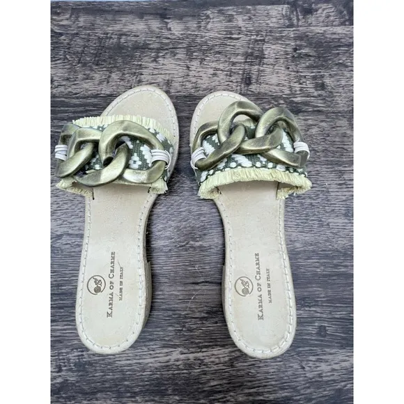 Karma Of Charme Magical C-ETNO Green 38 / 8 Buckle Fringe Slip On Sandals Flats
