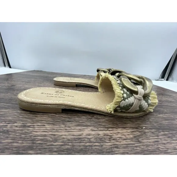 Karma Of Charme Magical C-ETNO Green 38 / 8 Buckle Fringe Slip On Sandals Flats