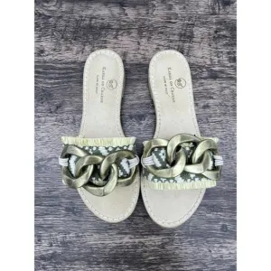 Karma Of Charme Magical C-ETNO Green 38 / 8 Buckle Fringe Slip On Sandals Flats
