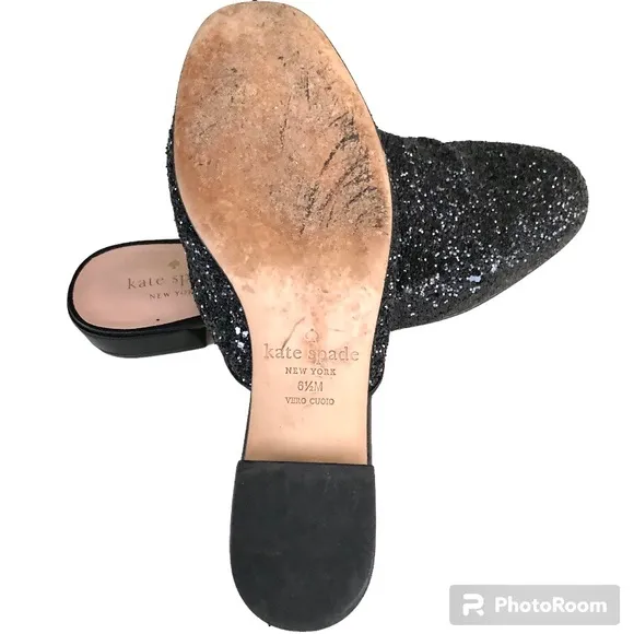 Kate Spade Black Glitter Leather Trimmed Mules Slides Women’s