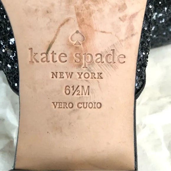 Kate Spade Black Glitter Leather Trimmed Mules Slides Women’s