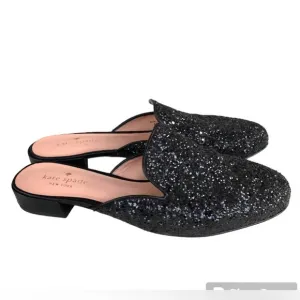 Kate Spade Black Glitter Leather Trimmed Mules Slides Women’s
