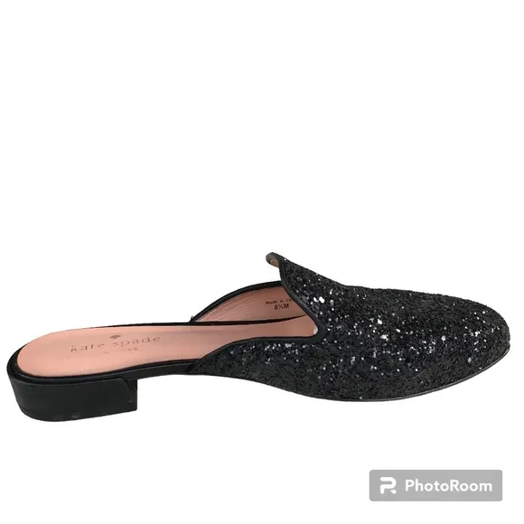 Kate Spade Black Glitter Leather Trimmed Mules Slides Women’s
