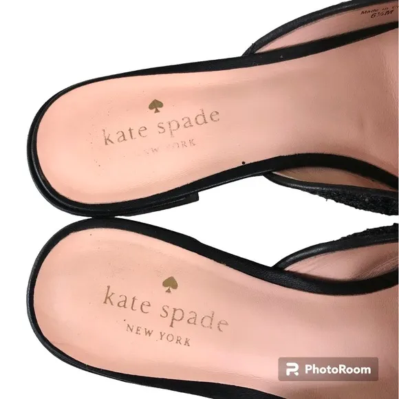 Kate Spade Black Glitter Leather Trimmed Mules Slides Women’s