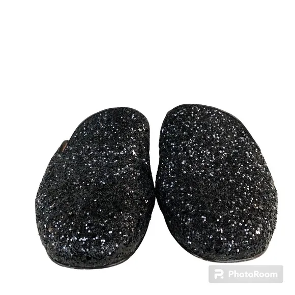 Kate Spade Black Glitter Leather Trimmed Mules Slides Women’s