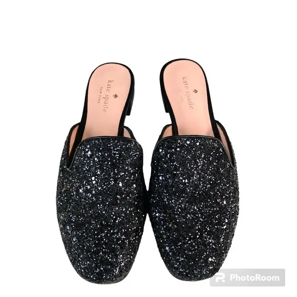 Kate Spade Black Glitter Leather Trimmed Mules Slides Women’s