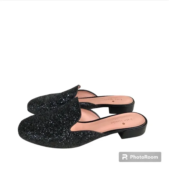Kate Spade Black Glitter Leather Trimmed Mules Slides Women’s
