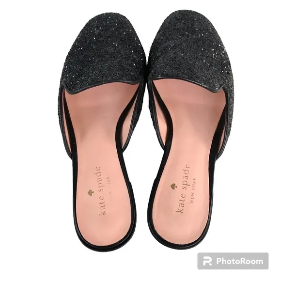 Kate Spade Black Glitter Leather Trimmed Mules Slides Women’s