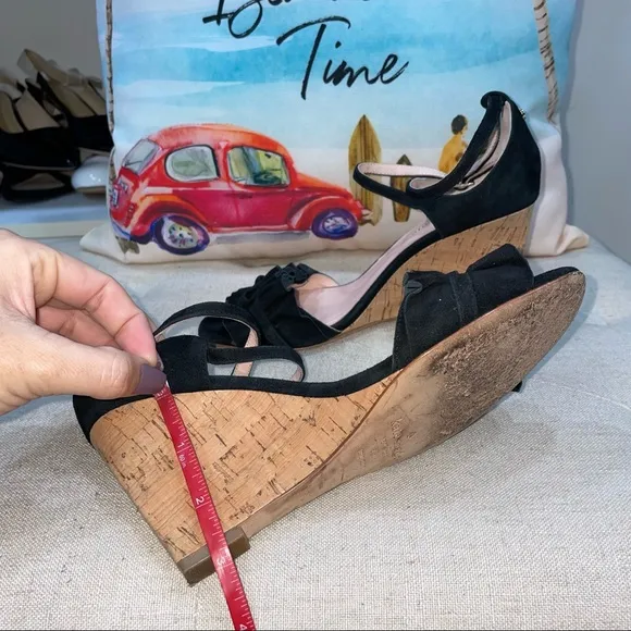 Kate Spade Black Leather Open Toe Ankle Wedge Heels Size 6.5M