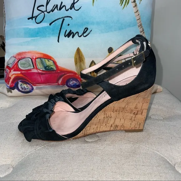 Kate Spade Black Leather Open Toe Ankle Wedge Heels Size 6.5M