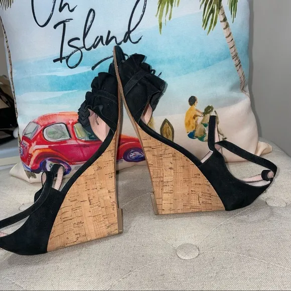 Kate Spade Black Leather Open Toe Ankle Wedge Heels Size 6.5M