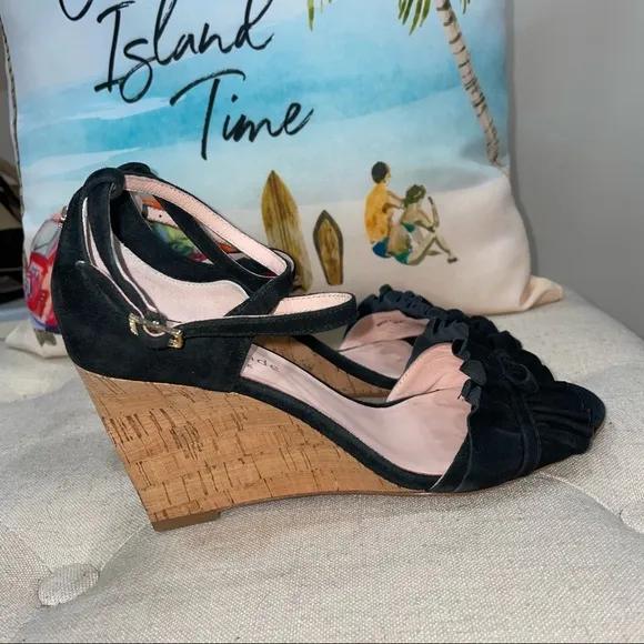 Kate Spade Black Leather Open Toe Ankle Wedge Heels Size 6.5M