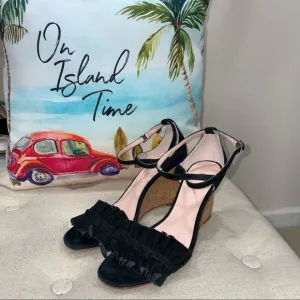 Kate Spade Black Leather Open Toe Ankle Wedge Heels Size 6.5M