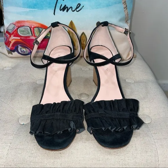 Kate Spade Black Leather Open Toe Ankle Wedge Heels Size 6.5M