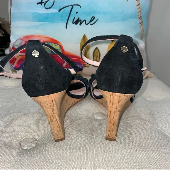 Kate Spade Black Leather Open Toe Ankle Wedge Heels Size 6.5M