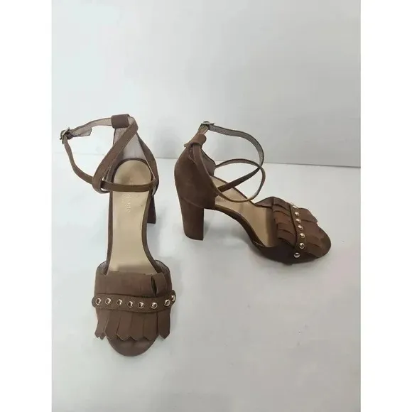 Kate Spade Brown Suede Block Heels Kiltie Fringe Cross Straps Size 7.