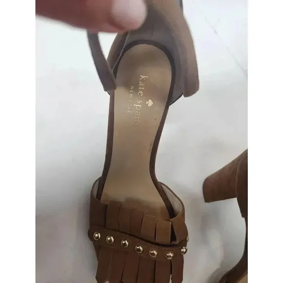 Kate Spade Brown Suede Block Heels Kiltie Fringe Cross Straps Size 7.