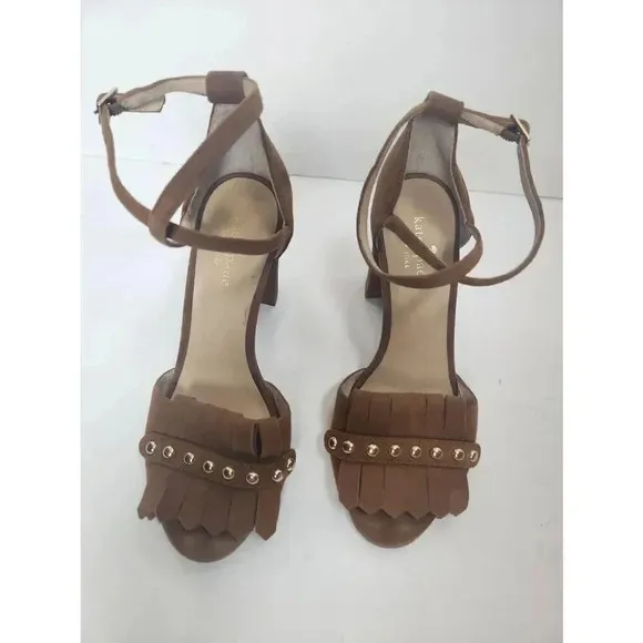Kate Spade Brown Suede Block Heels Kiltie Fringe Cross Straps Size 7.