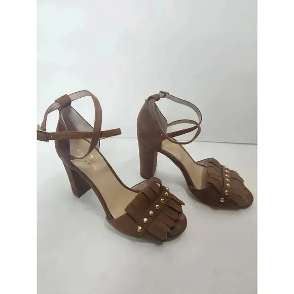 Kate Spade Brown Suede Block Heels Kiltie Fringe Cross Straps Size 7.