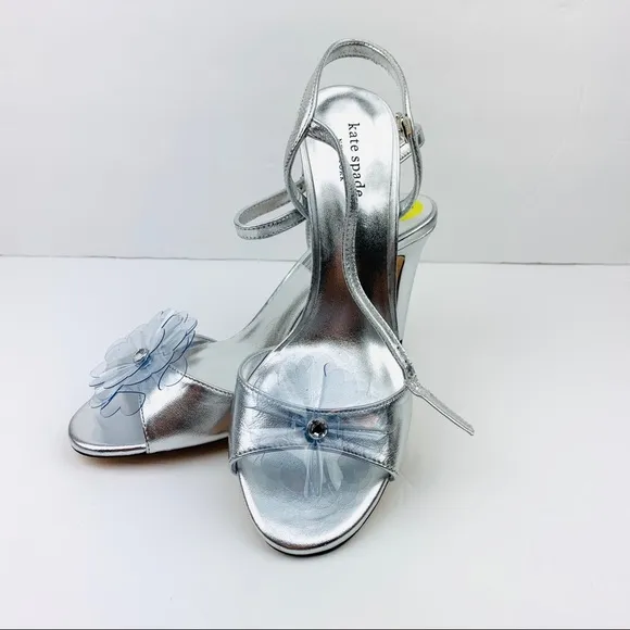 Kate Spade Giulia metallic glitter heels Flower silver open toe heels