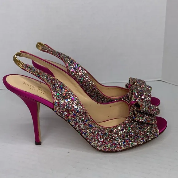 Kate Spade Glitter charm bow fuschia pink satin slingback heels