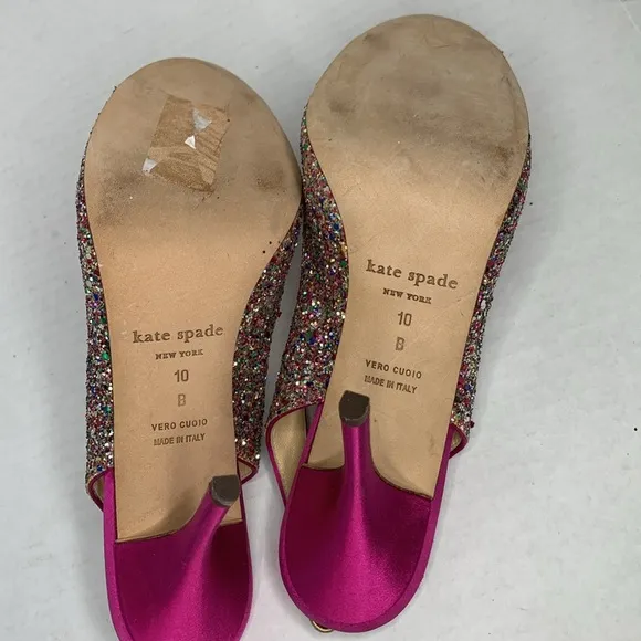 Kate Spade Glitter charm bow fuschia pink satin slingback heels