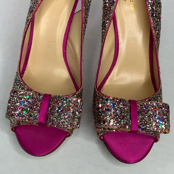 Kate Spade Glitter charm bow fuschia pink satin slingback heels