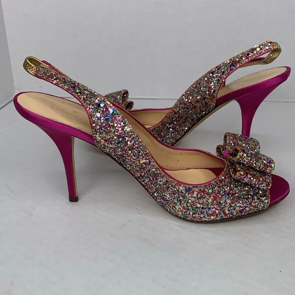 Kate Spade Glitter charm bow fuschia pink satin slingback heels
